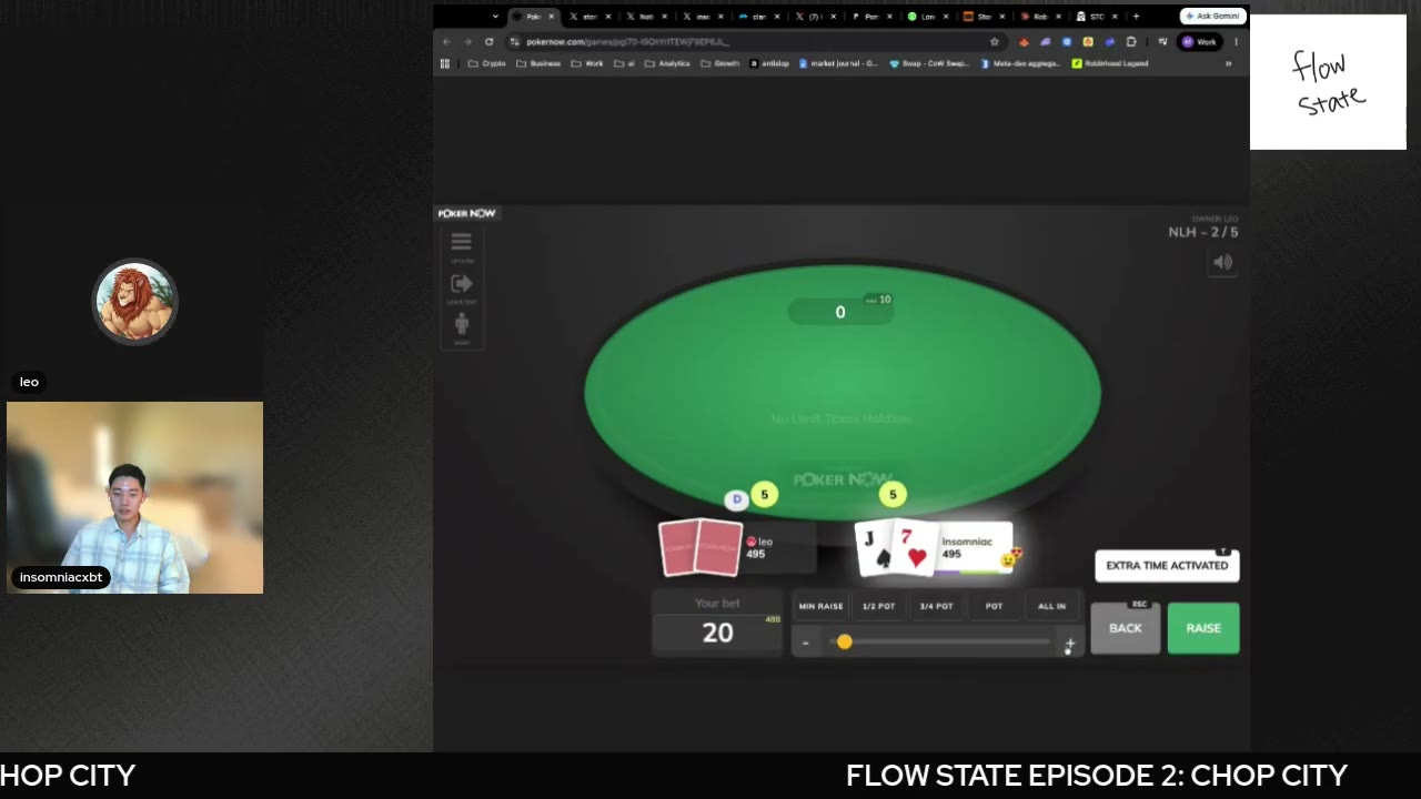 Poker Now on screen — the heads-up closer where Matt went 2-0 and Leo's chat watched him 'touch grass'