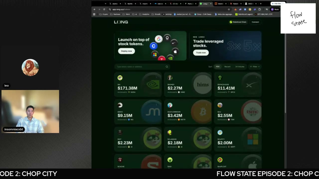 The Long platform on screen mid-segment — 'launch on top of Long, trade leveraged stock tokens,' Micron listed — the rails behind the MOO memory-index flywheel