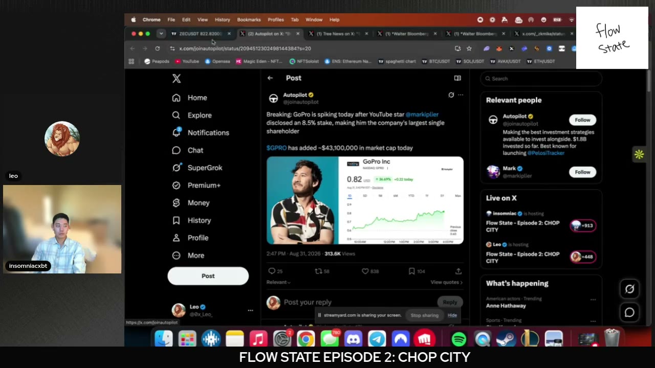 The GoPro story breaking on screen — 'GPRO has added ~$43,100,000 in market cap today' (~$1.88) as Matt walked the Markiplier 8.5%-stake trade