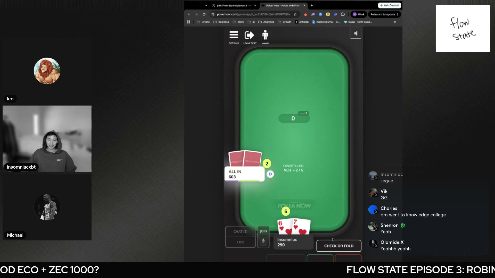 Poker Now on screen — the $300 three-handed closer where Mike rinsed the hosts again