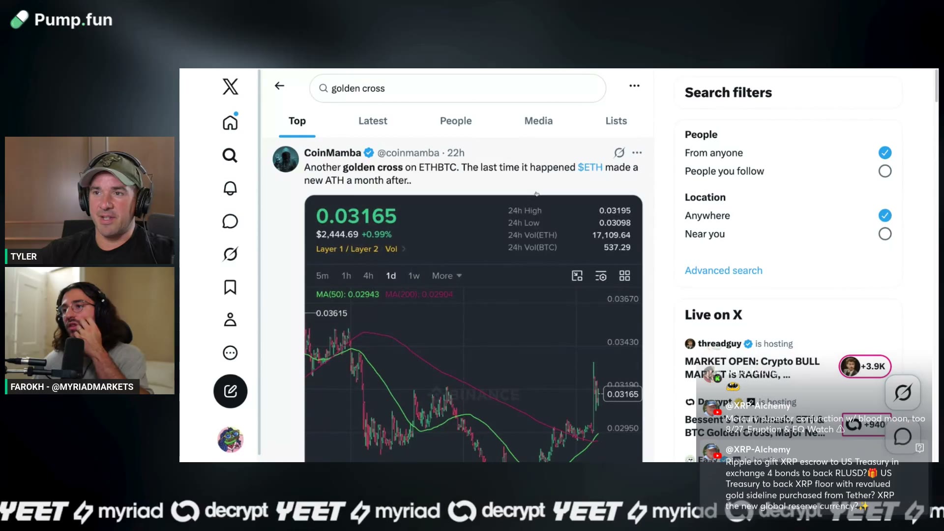 The golden cross tweet D pulled up — 50-day MA crossing the 200-day on ETH/BTC