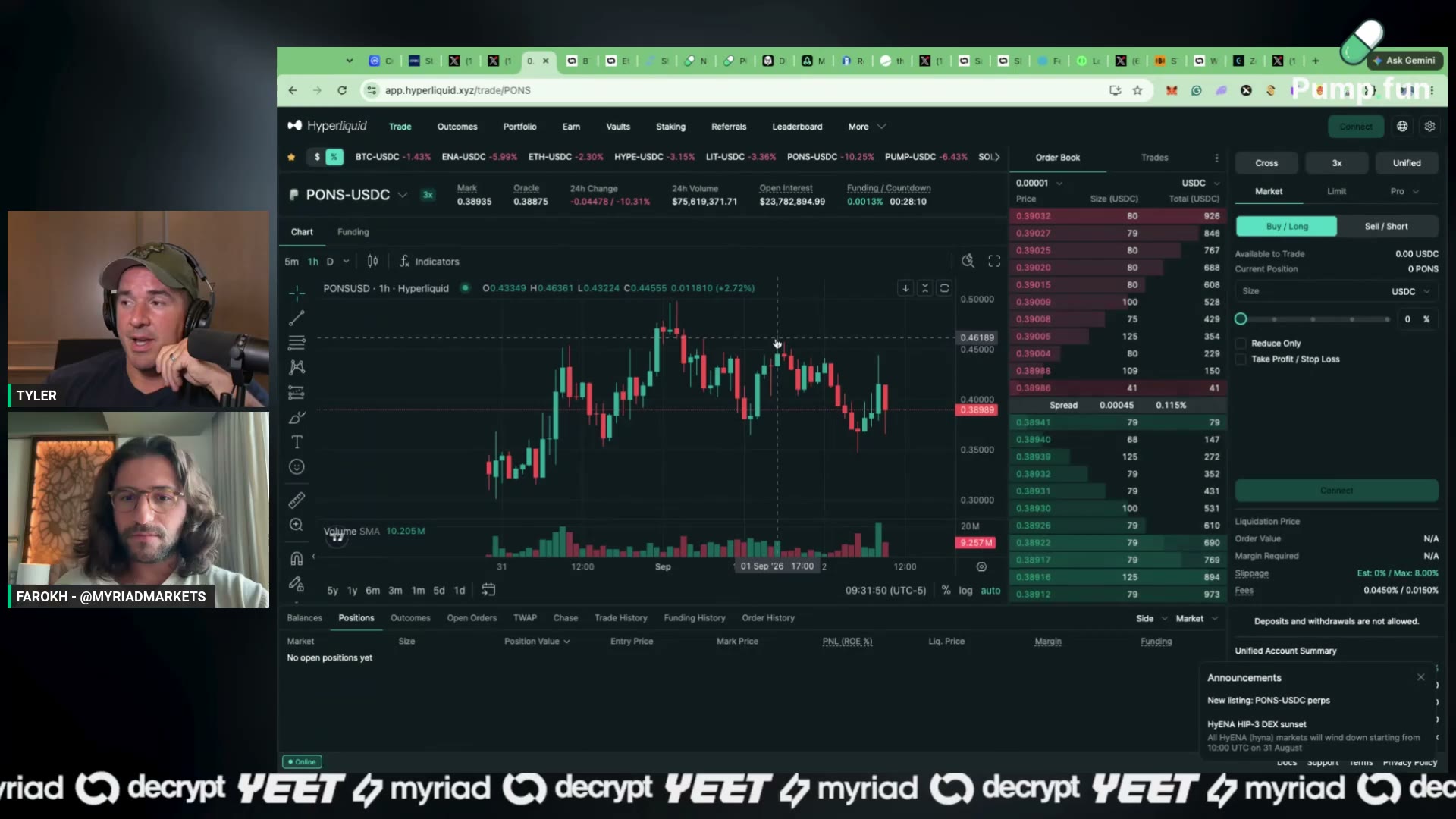The PONS chart on stream: the wick that liquidated Clemente's short