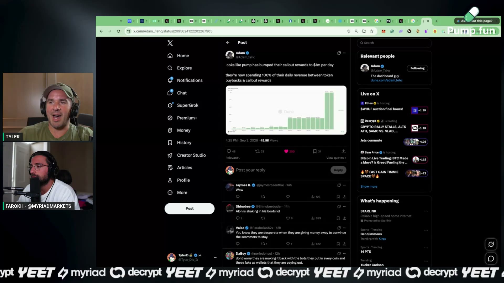 Adam's Dune dashboard of the call-out reward ramp — $15K a day in early August to $1M a day now