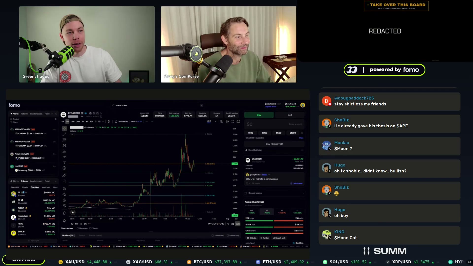 Greeny brings the REDACTED token page up full screen after the Solana token (launched via STONK Fund) hit $5M market cap overnight