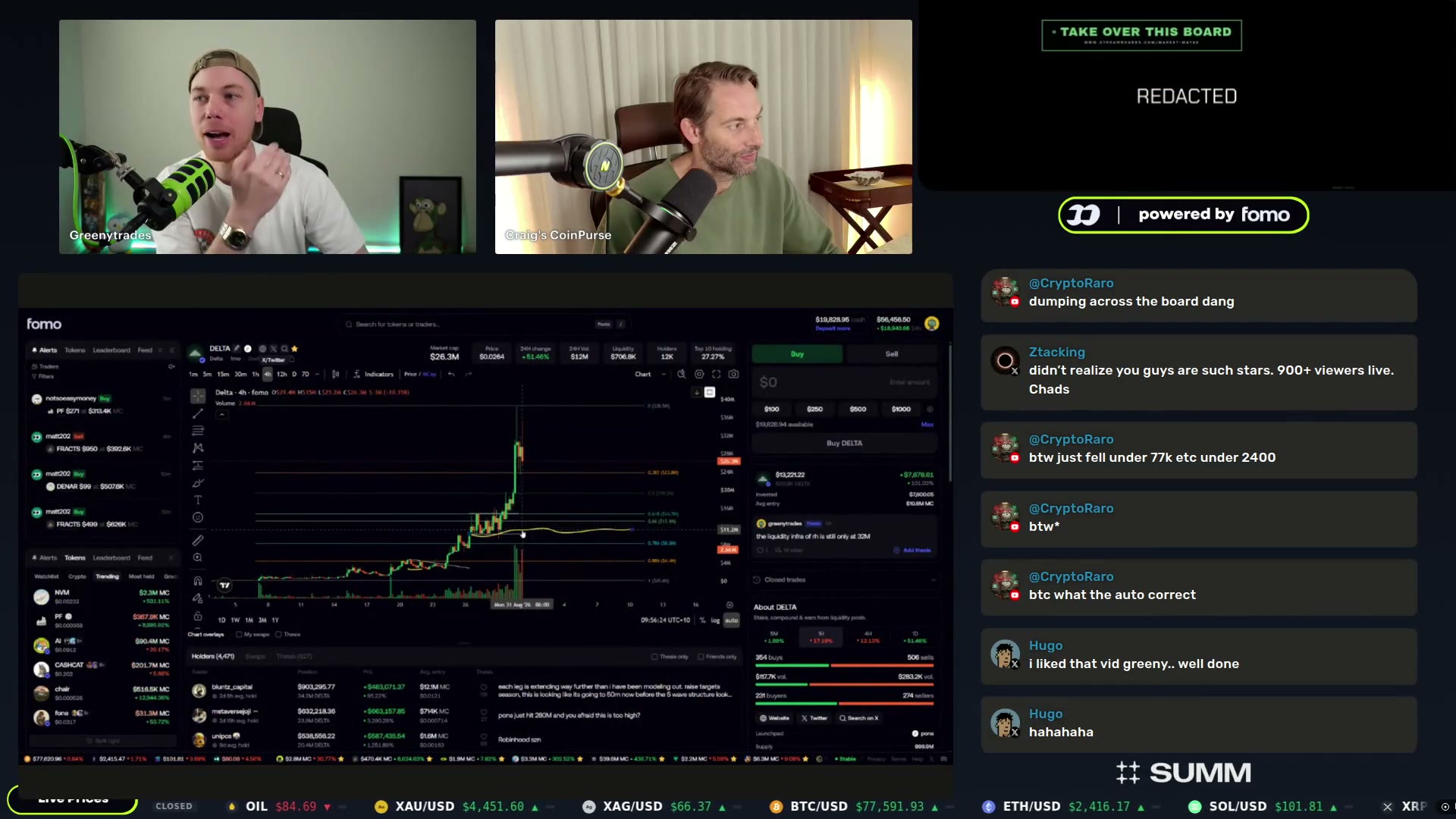Greeny's FOMO tokens dashboard while he reads Delta's TVL and fee numbers