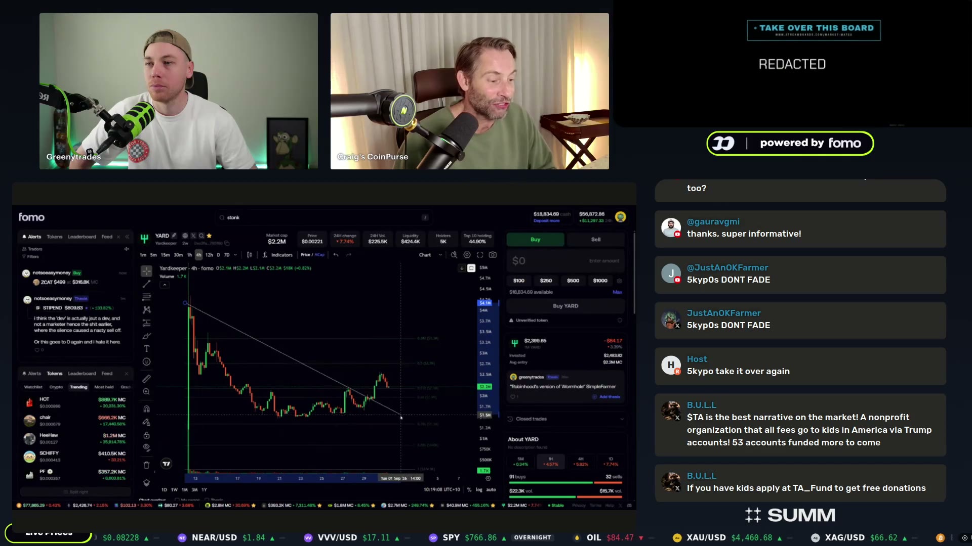 The YARD token page on Greeny's screen — Craig's breakout thesis for the Robinhood-chain liquidity play