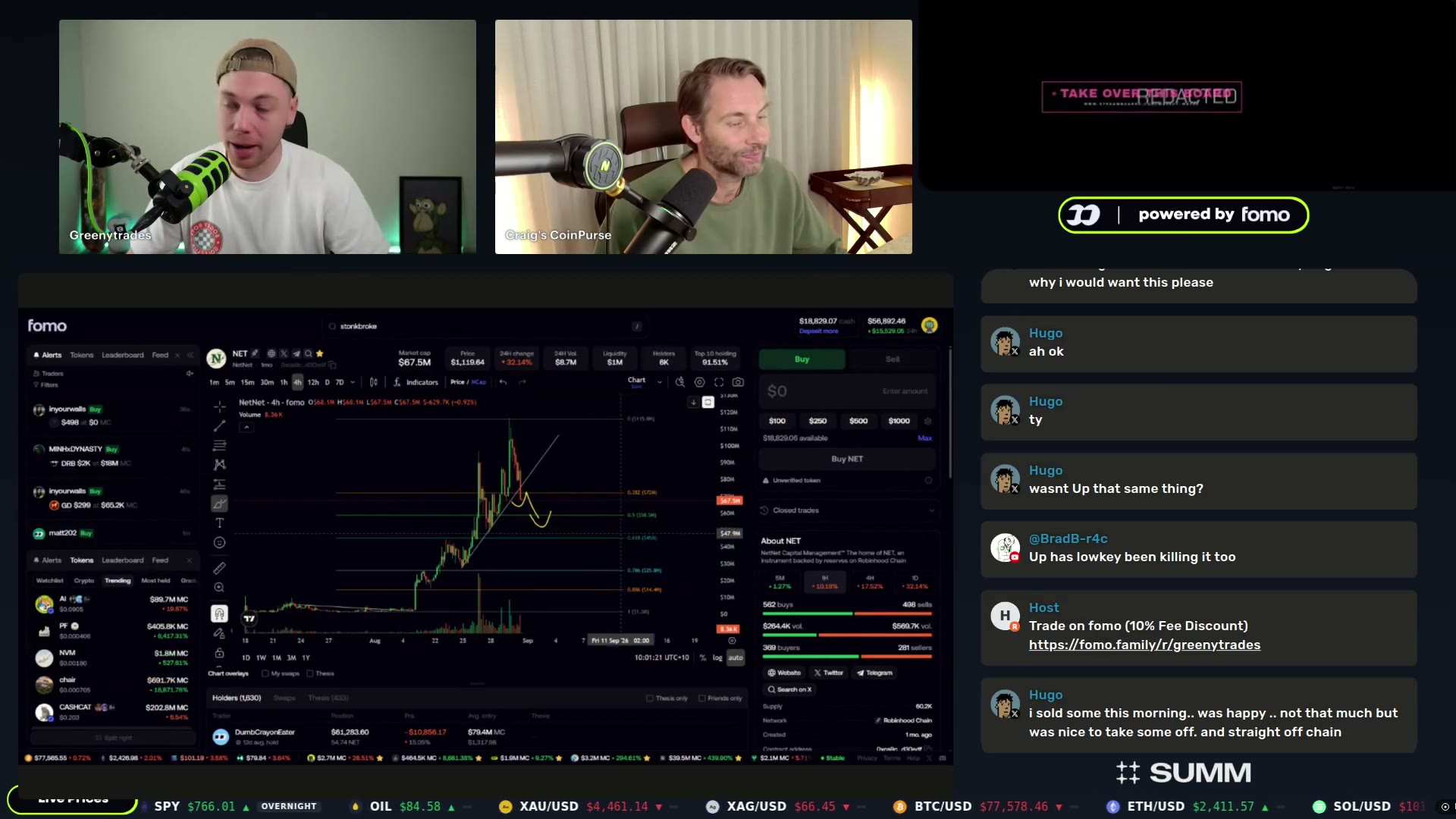 Greeny's FOMO tokens dashboard while he walks through NetNet's broken structure