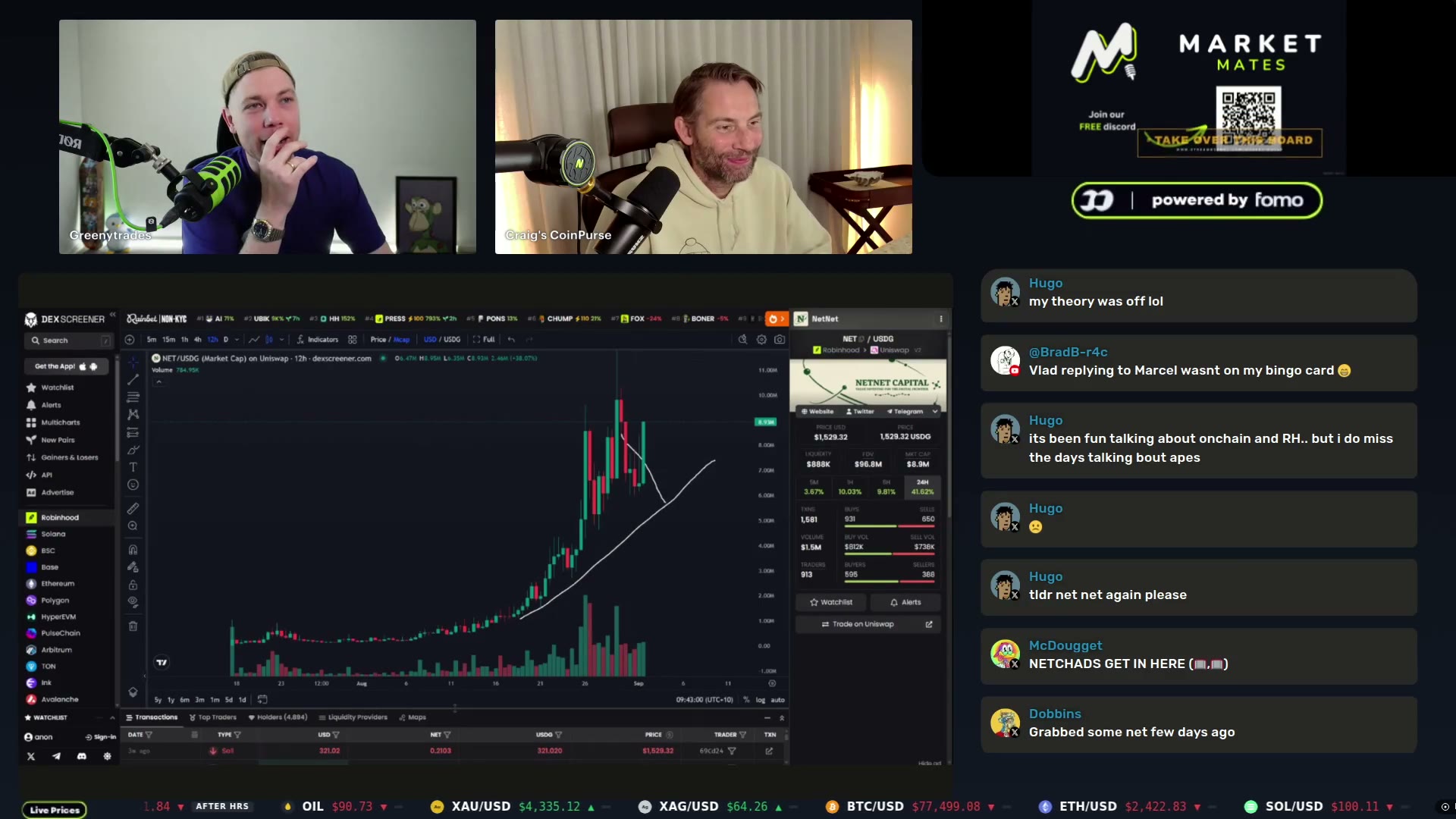 DeckScreener revenue leaderboard and NET staking screen shared on stream