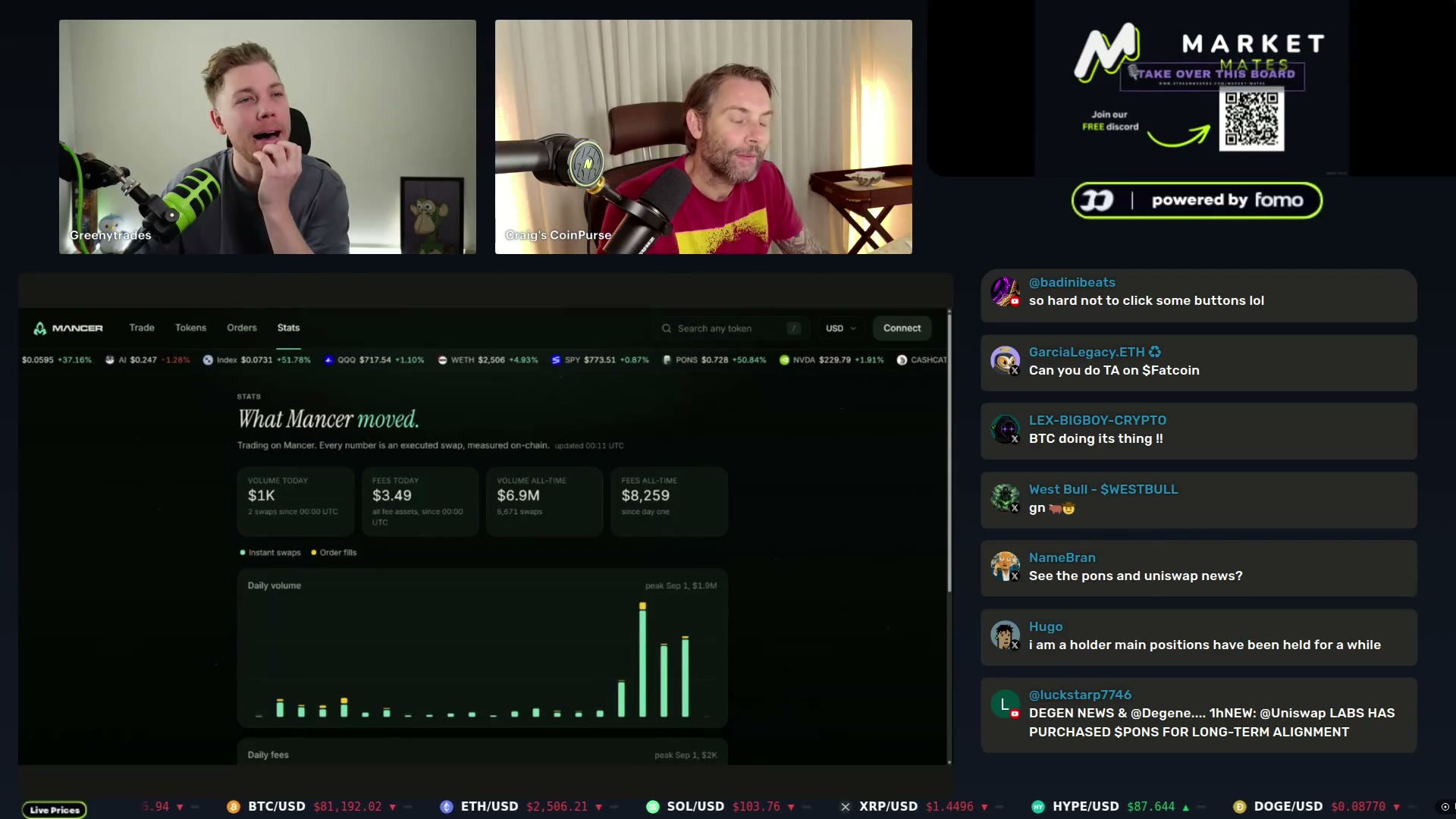 The Mancer live-prices board as the news breaks on screen — 'Uniswap Labs has purchased $PONS for long-term alignment' — PONS and CASHCAT in the ticker