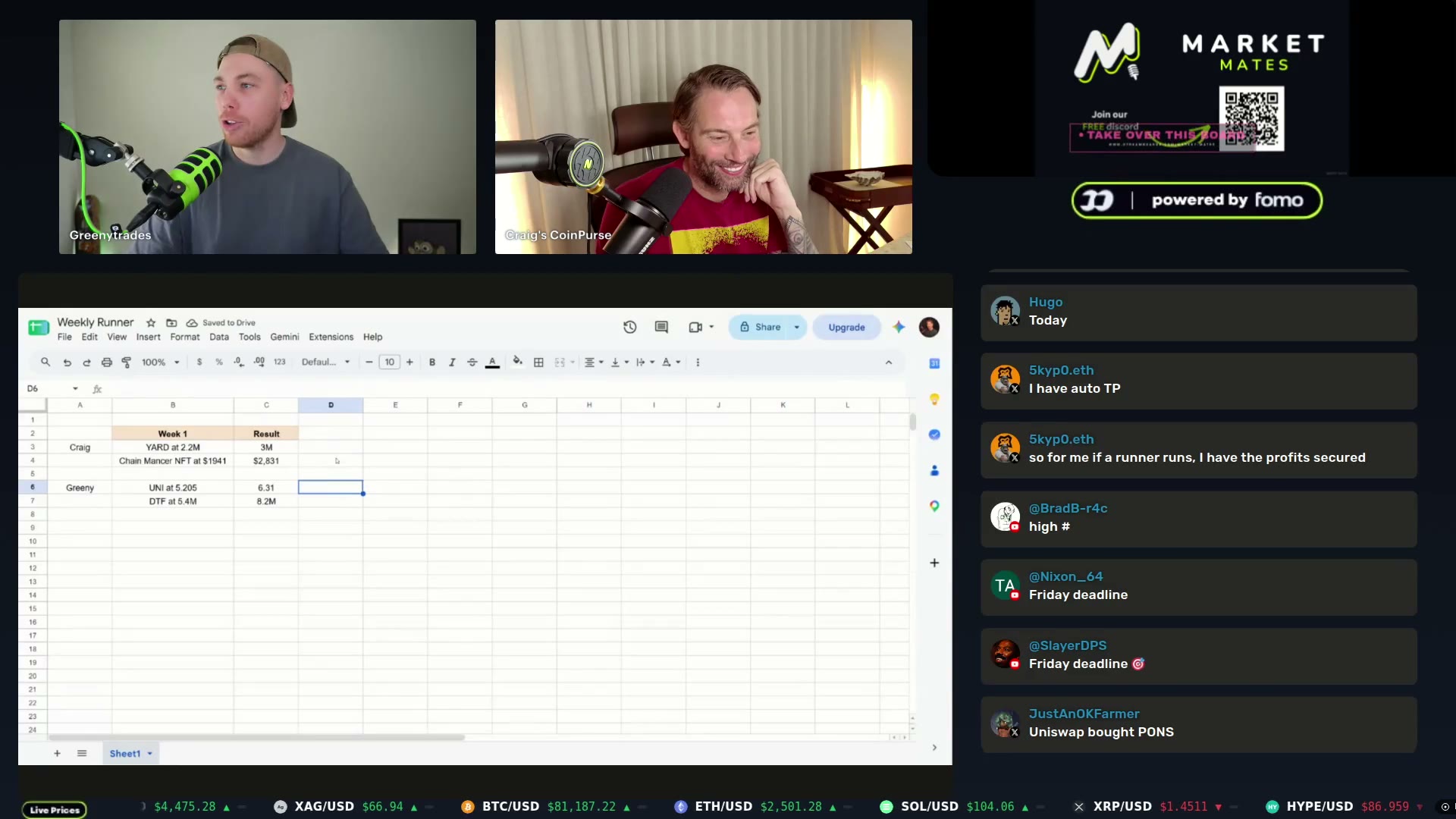 The Weekly Runner scoreboard on screen — Craig's low-cap picks edge Greeny's UNI/DTF pairing by 4.5%