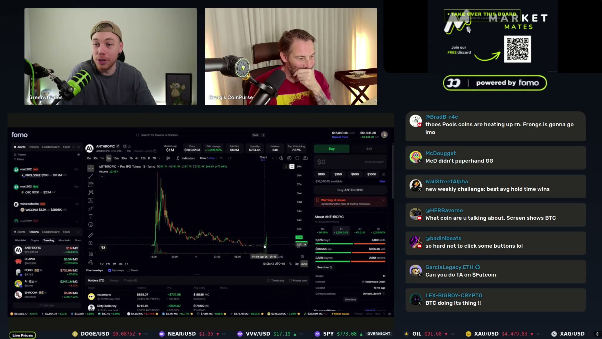 The Anthropic pre-IPO meme chart — 90K to $1.2M — as Greeny runs the morning's trench rotation