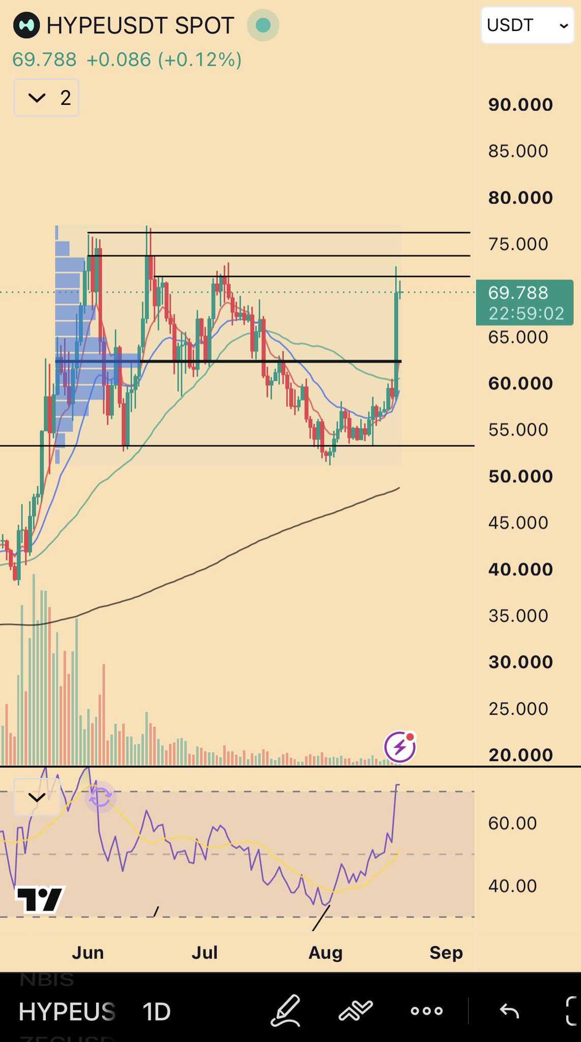 HYPEUSDT 1D at 69.79 — the $63 dip-buyer level drawn with the $72 invalidation overhead