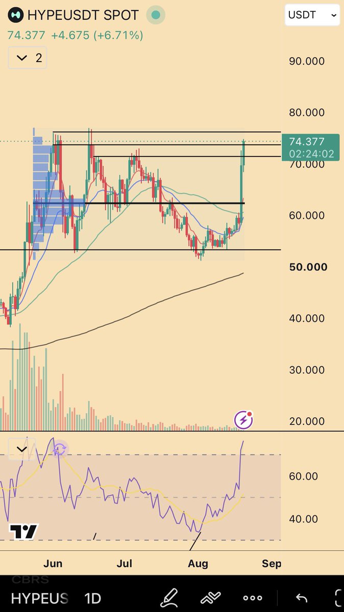 HYPE daily — highest daily close in history loading, with the full position re-entered at $72