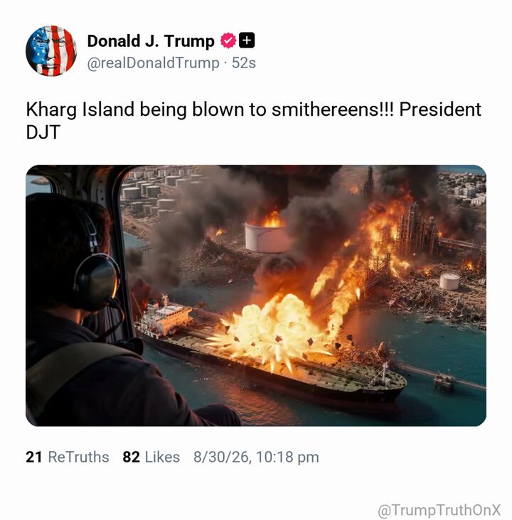 Trump's Truth Social post announcing the Kharg Island strike — the clip Mandelbrot was reacting to