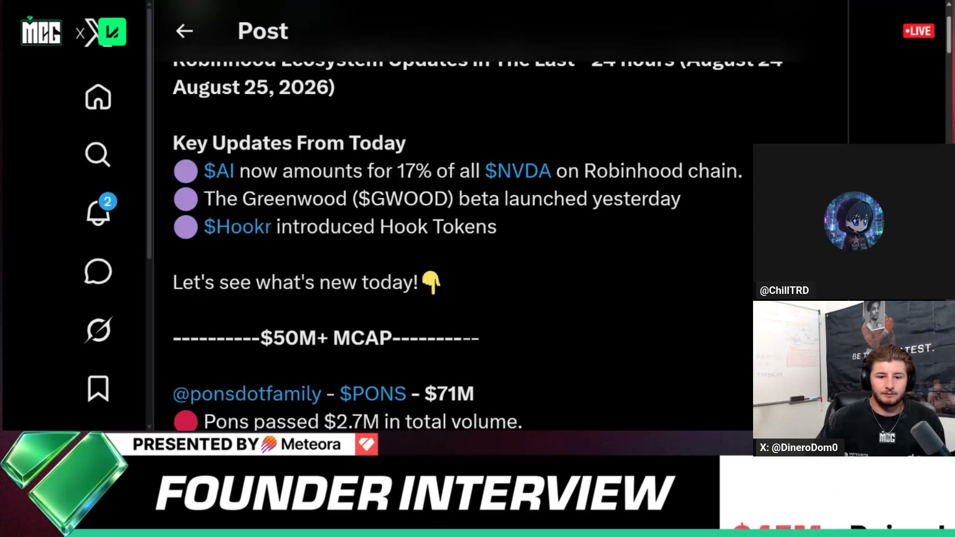 William's Key Updates post on screen — '$AI now amounts for 17% of all NVDA on Robinhood chain'