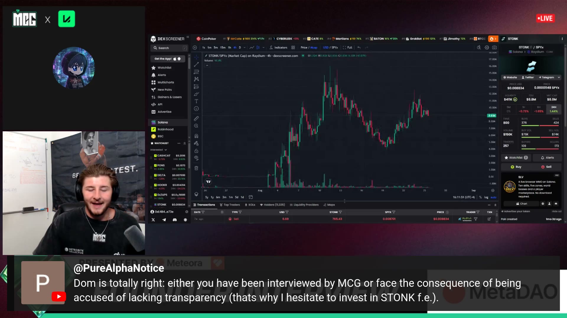 Dom's STONK chart — he bought a big bag on the Solana RWA-exotics narrative