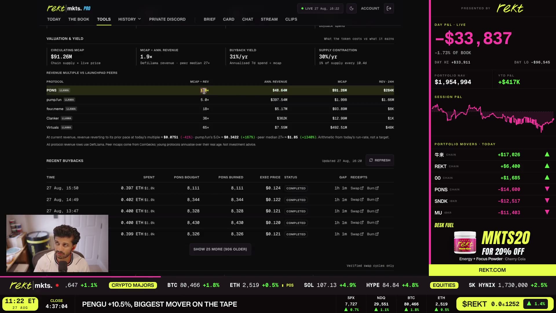 The PONS valuation & yield dashboard mid-stream