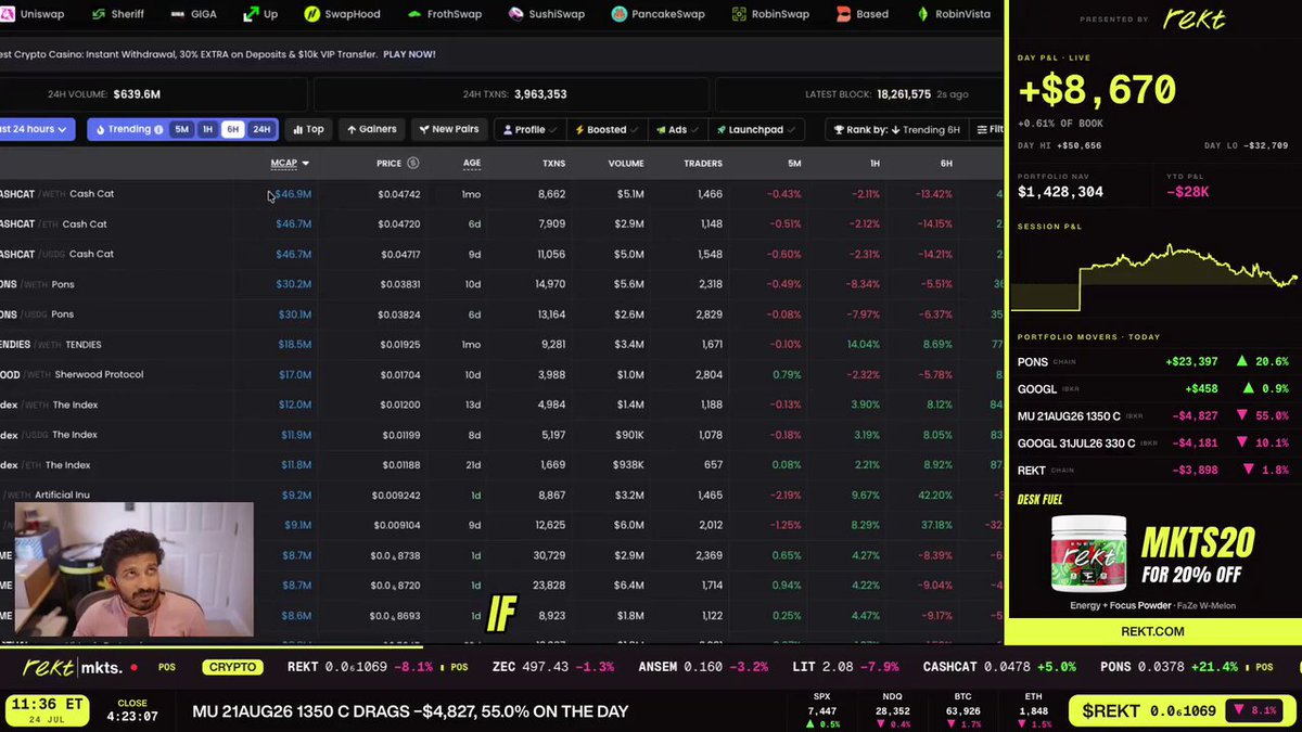 The Rekt Mkts clip OSF quoted Sunday — CASHCAT was RH's top coin at $47M, PONS second at $30M