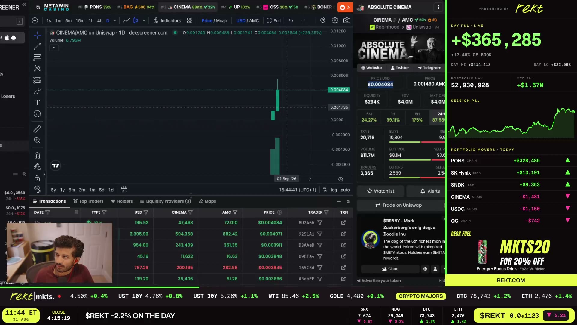 His new tokenized-stock premium dashboard on screen.