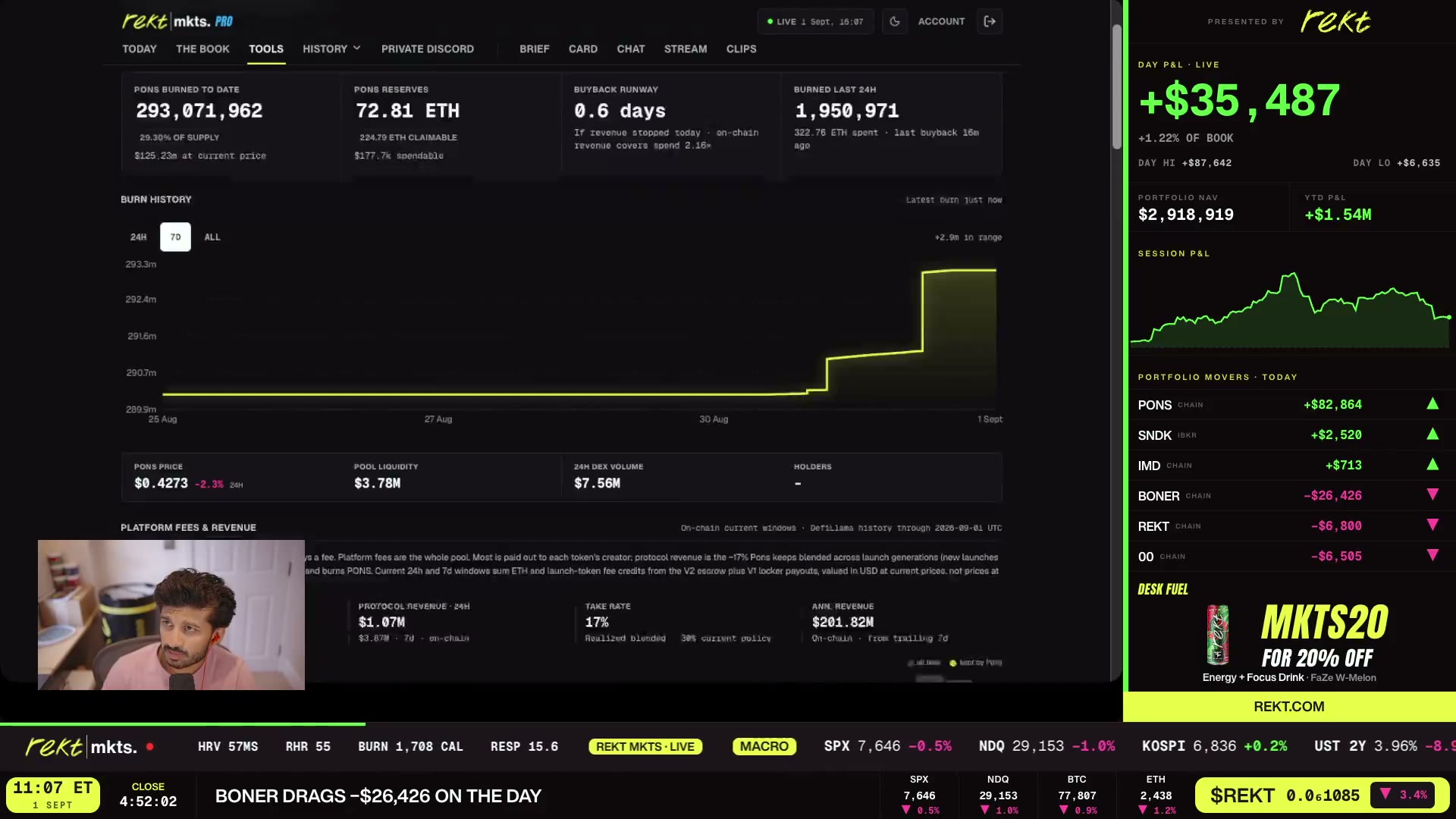 The PONS protocol revenue tracker — over $1M in the last 24 hours, mid-stream.